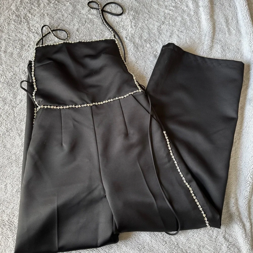 NWT Satin Wide Leg Jumpsuit Rhinestone Trim Open Back Strappy Glam Size 8 - Picture 3 of 7